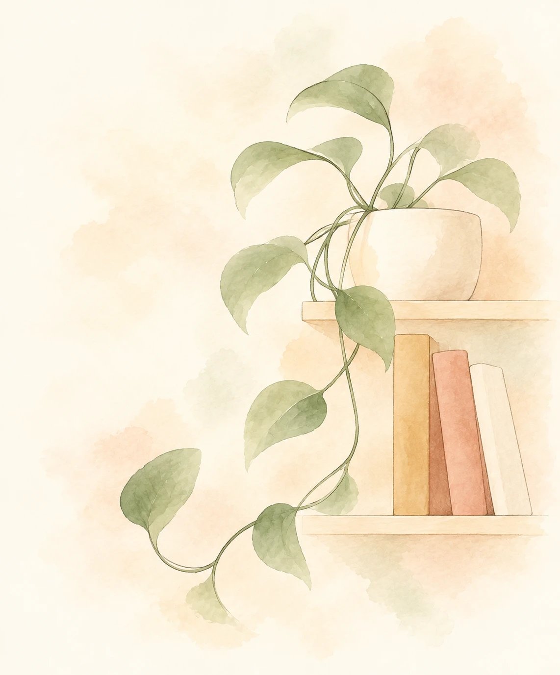 Illustrazione a matita e acquerello di una pianta ricadente accanto a pochi libri