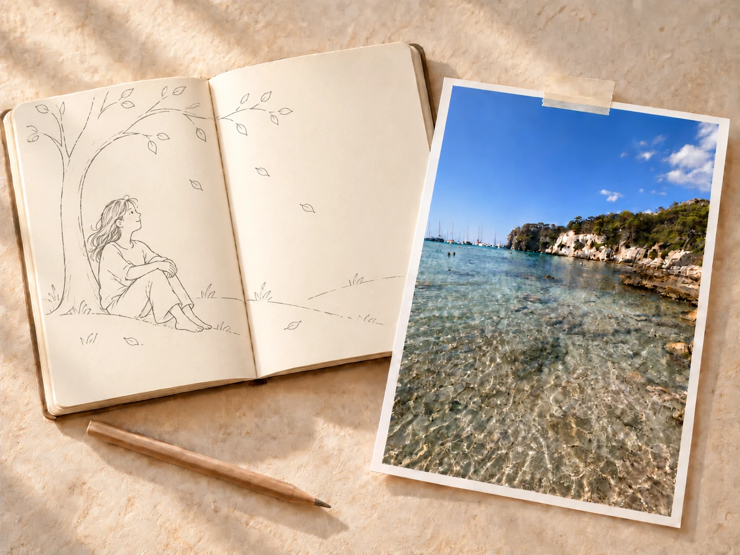 La fotografia personale del mare accostata a un blocknotes con uno schizzo originale di una figura femminile nella natura attraverso le due pagine, fissata con un pezzo di scotch
