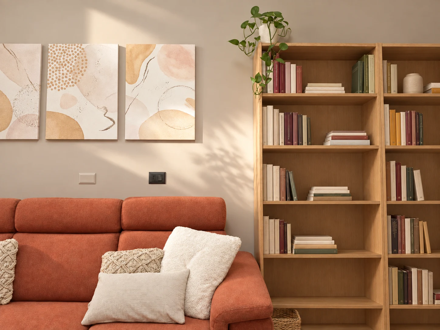 Divano terracotta, quadri e libreria della stanza da cui Sara svolge gli incontri online